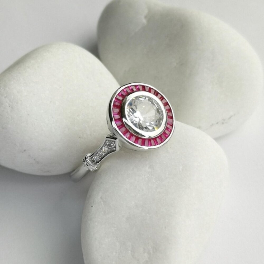 Art Deco White Sapphire and Ruby Ring in Sterling Silver - Picture 6 of 9